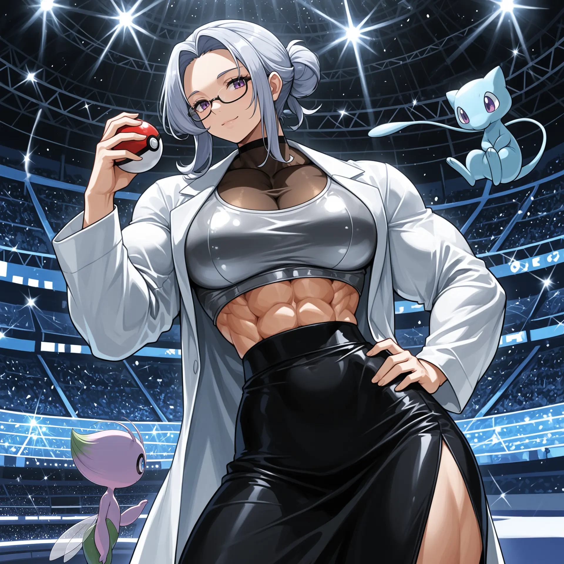 Image: Sandra in her "combat outfit"(lab coat with a silver crop top instead of her usual turtle neck) revealing her Mew and Celebi
