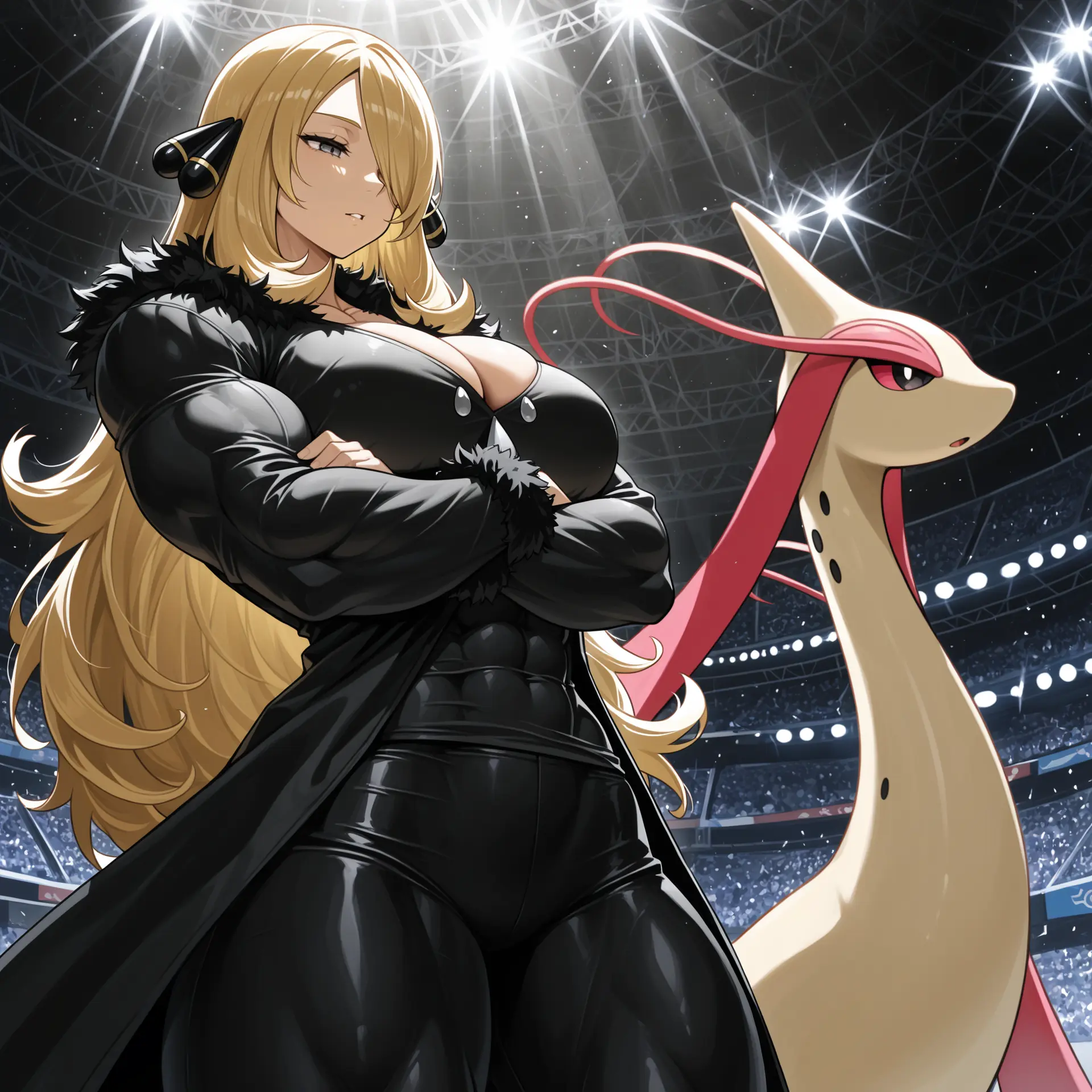 Image: Cynthia and her Milotic, with determined expression, arms crossed