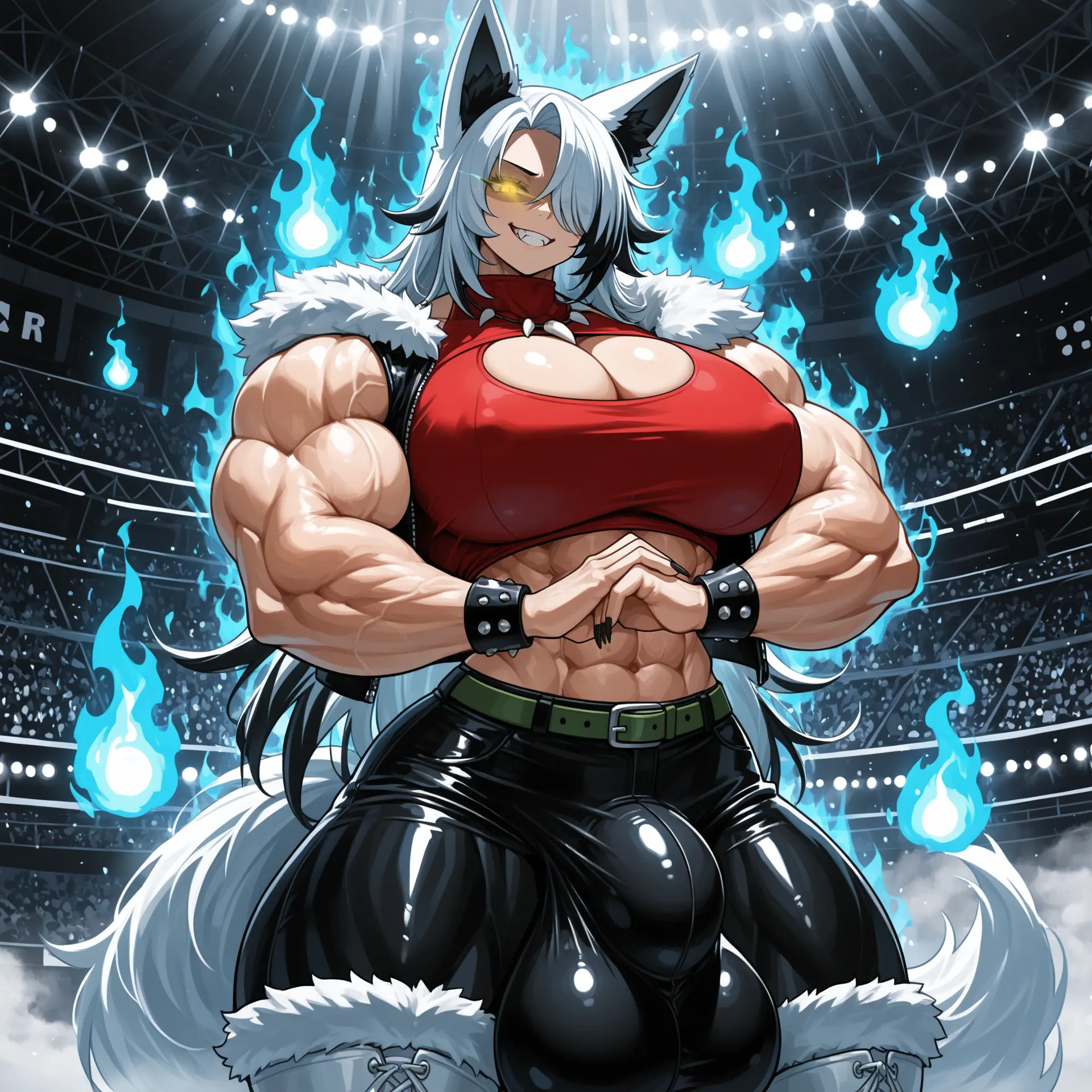 Image: Rhia cracking her knuckles, summoning blue flames and Hitodama, a predators eyes and smile