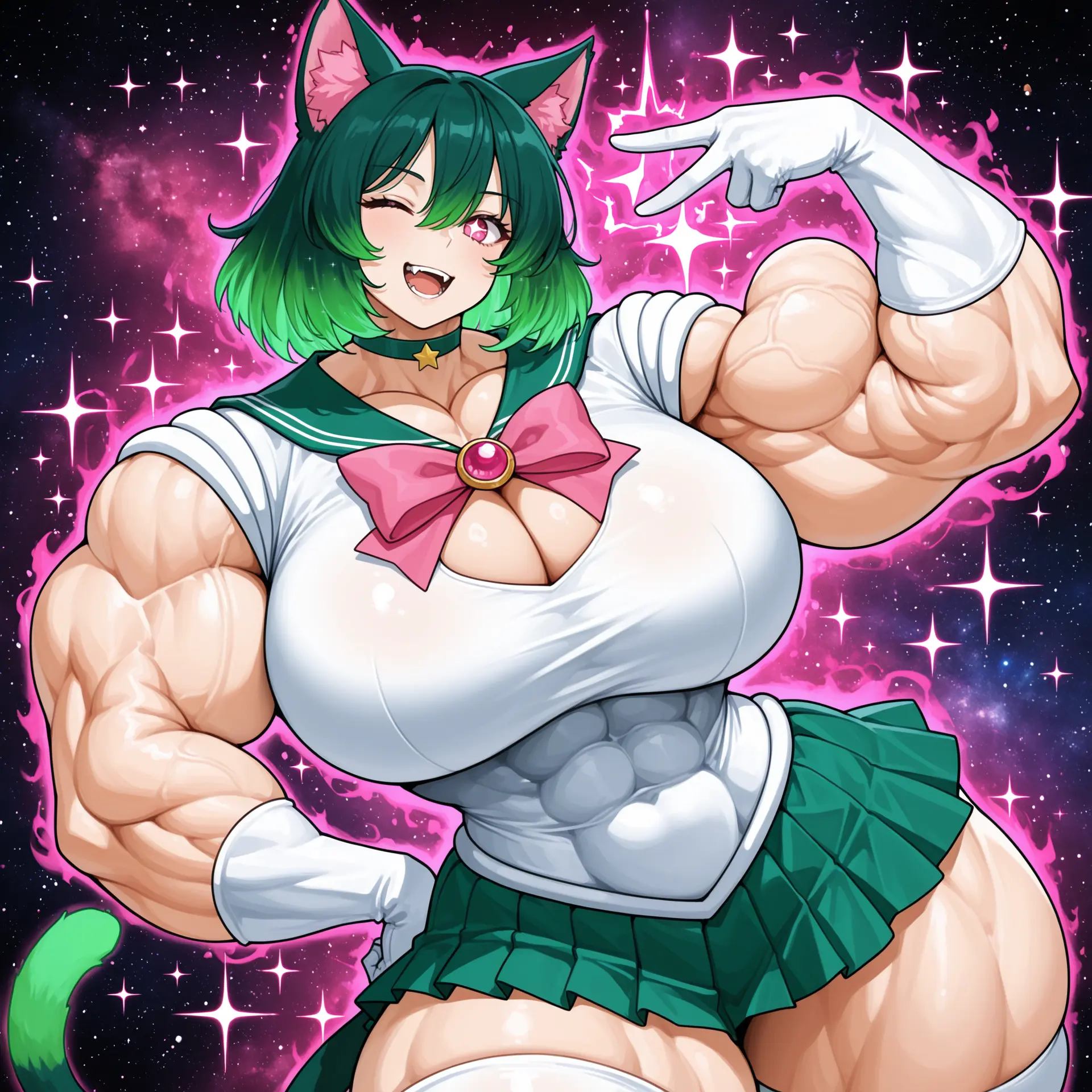 Image: Az – a cat girl – in magic girl/sailor senshi outfit with the high peace sign, one eye closed, open mouth, space backgrounds, pink sparkly aura