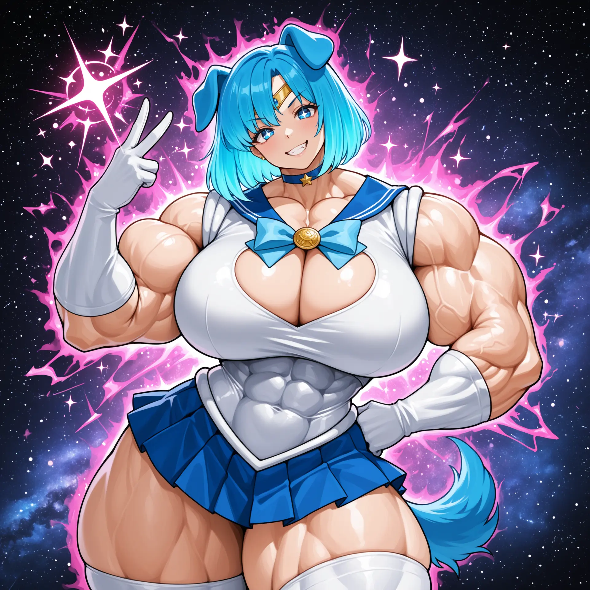 Image: Lauren – a dog girl in magic girl/sailor senshi outfit with the high peace sign, smirk, space backgrounds, pink sparkly aura