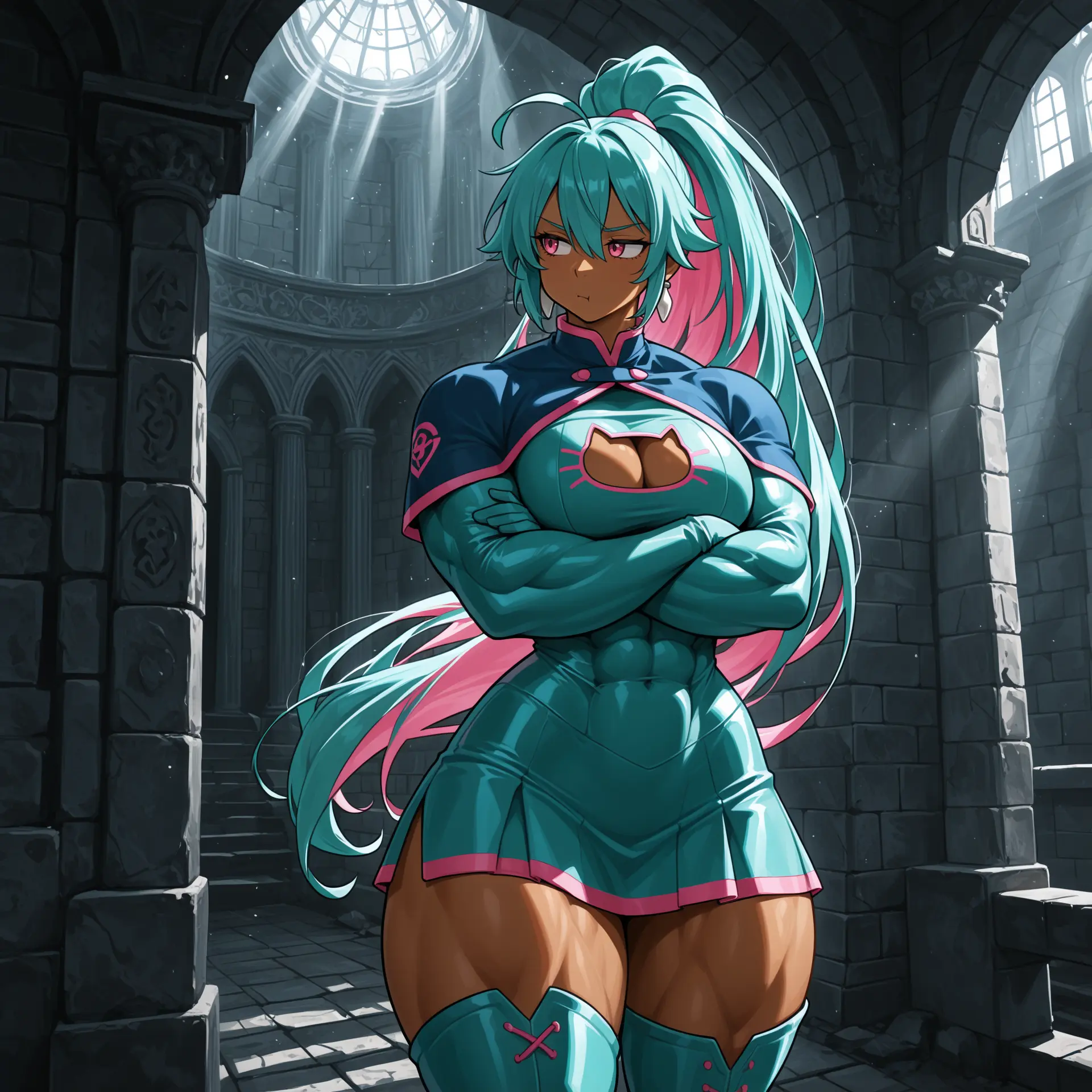Image: Laura pouting with crossed arms, outfit similar to Clair, short bodysuit but aqua as main color, cat cutout