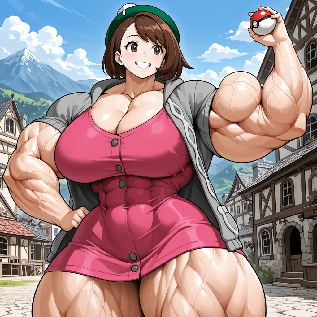Image: Image of buff Gloria hand up, holding pokeball, hand on hip, ready to battle, with a grin