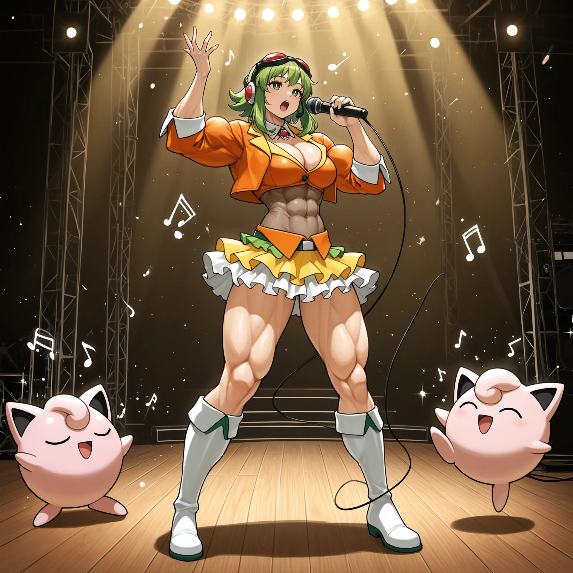 Image: Gumi on stage with two Jiggplypuff singing