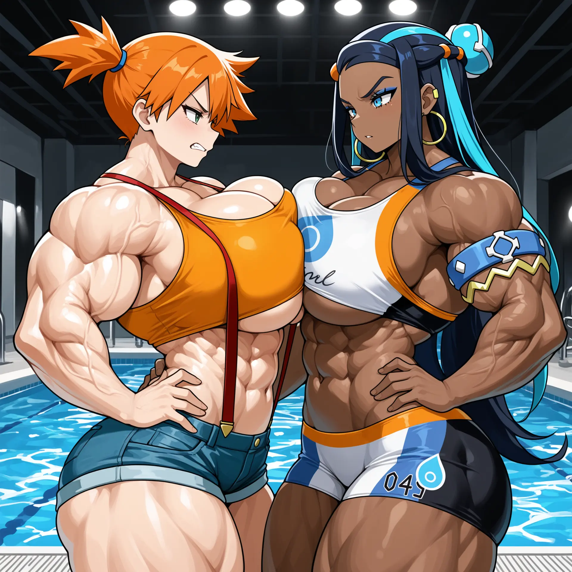 Image: Misty and Nessa "measuring up", hands on hips, clenched, pressing upper body against each other