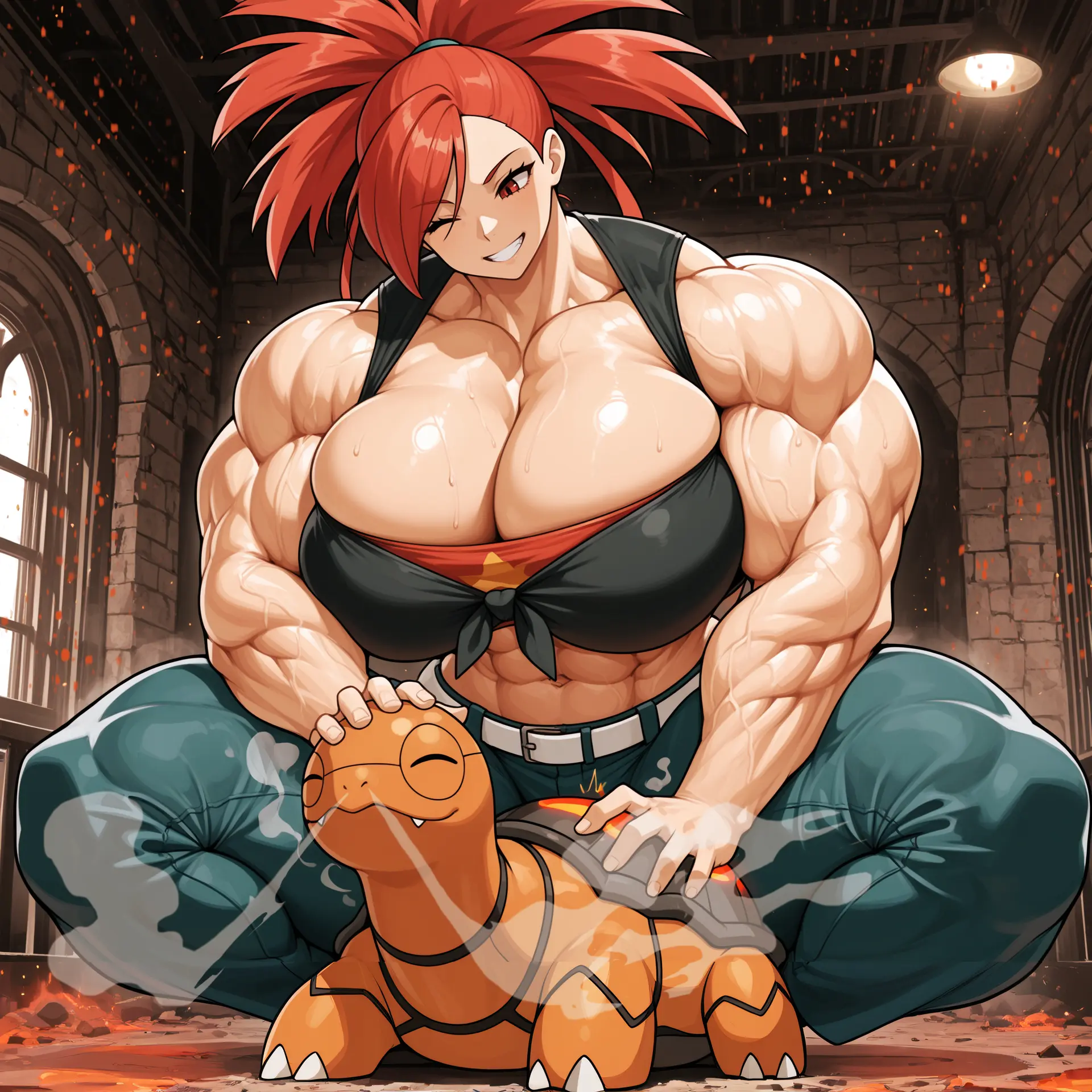 Image: Flannery, petting the Torkoal at her feet