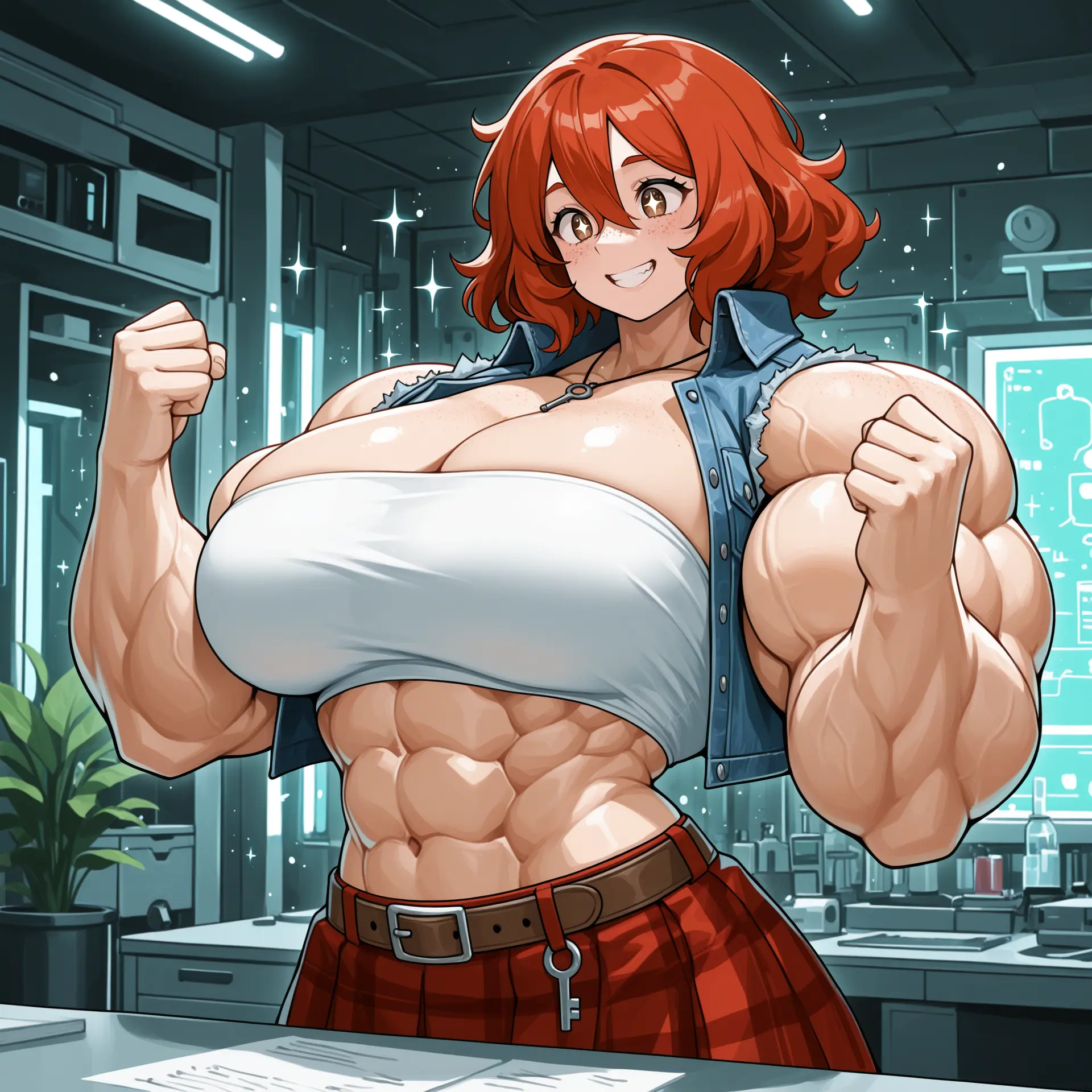 Image: excited Amy in the lab! Hands up clenched hand, grin, star-shaped pupils