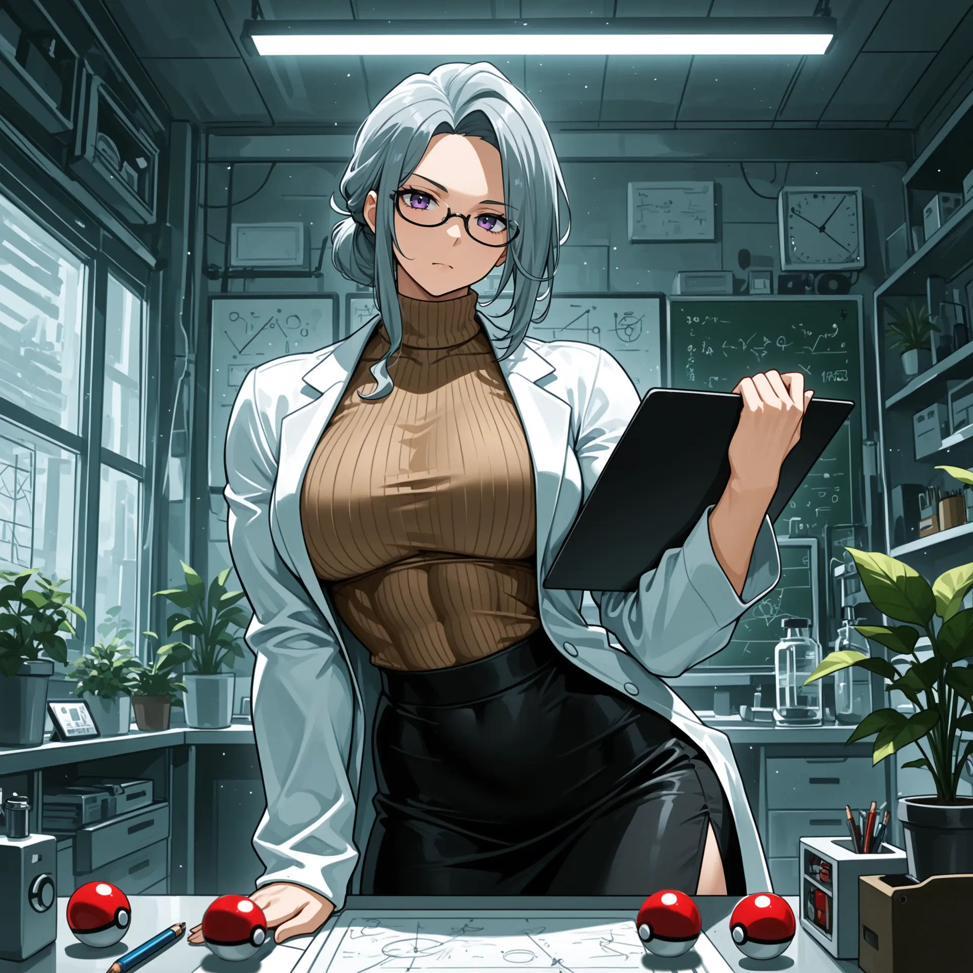 Image: Sandra in the lab wearing a lab coat and turtle neck sweater, Pokeballs on table in front of her