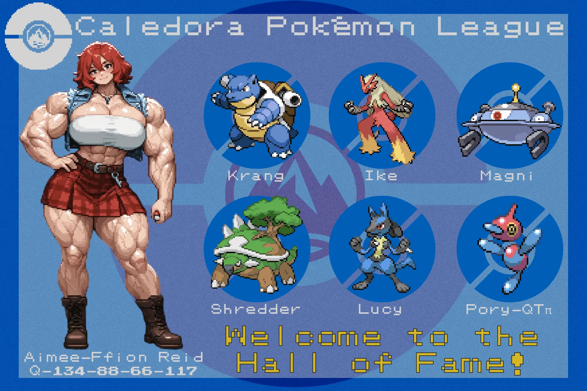 Image: (Fake) Hall of Fame game entry screen showing Amy's team, Scottish themed, pixel art and font.