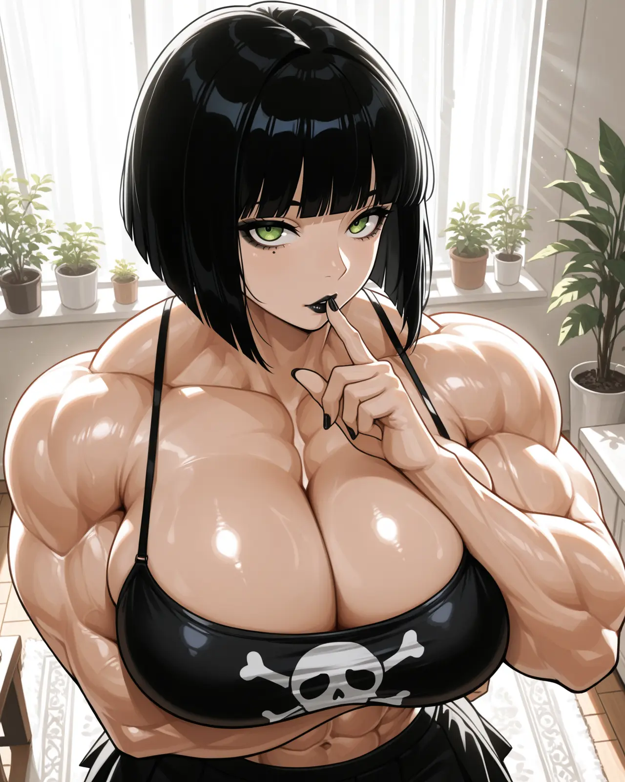 Image: Mel with a seductive smile and eyes, looking up at viewer. With her finger to her mouth.