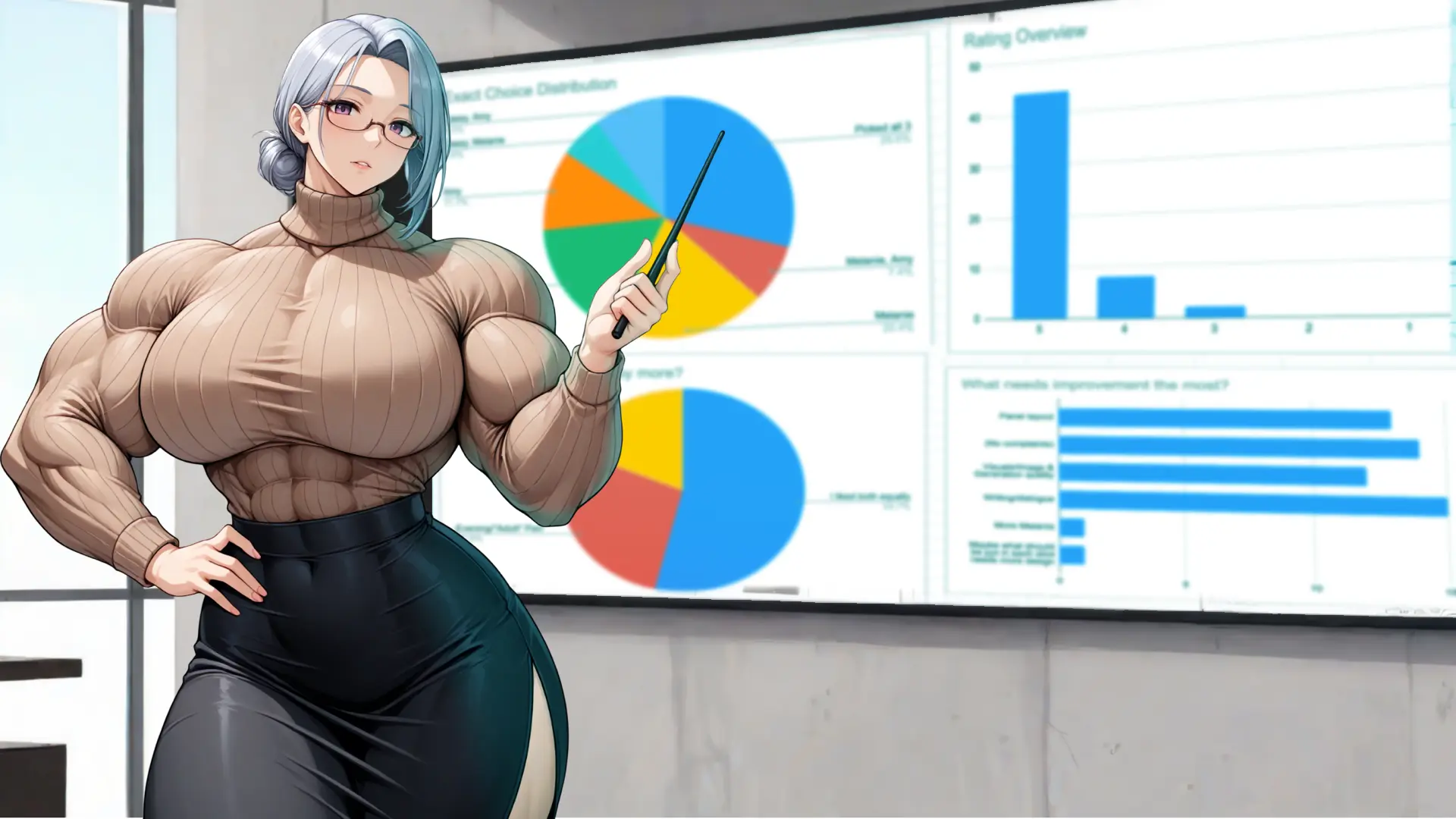 Sandra pointing to survey data on a screen